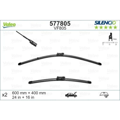 Kuva Pyyhkijänsulka Valeo 577805 Edessä Flatblade pyyhinsulka (rungoton) Pinnakiinnitys SKODA: Fabia III Farmari, Hatchback