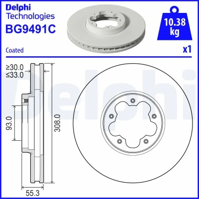 Kuva DELPHI Jarrulevy FORD: Transit Mk7 Van, Tourneo Custom V362 Bussi, Bussi 308mm 33mm 5 Tuuletettu pinnoitettu BG9491C 2168836,2171541
