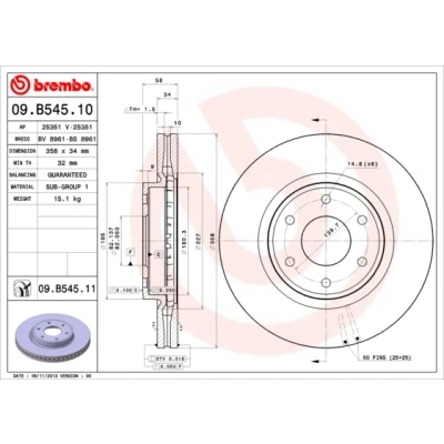Kuva BREMBO COATED DISC LINE 09.B545.11 Jarrulevyt 358 34 6 tuuletettu sisältä pinnoitettu