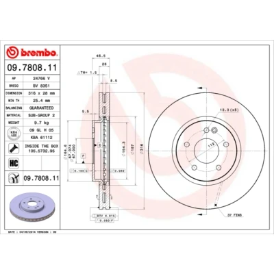 Kuva BREMBO COATED DISC LINE 09.7808.11 Jarrulevyt 316 28 5 tuuletettu sisältä pinnoitettu hiiliteräs Ruuveilla MERCEDES BENZ: C sarja Sedan