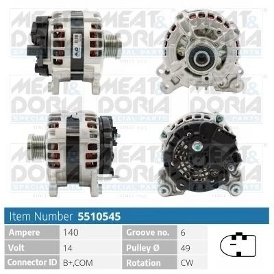 Kuva MEAT &amp; DORIA 5510545 Laturi 14V 140A VOLKSWAGEN: Transporter 5, Crafter 30 35 Bussi, 50 Van, AUDI: A4 B8 Avant, Allroad, Sedan
