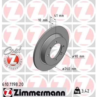 Kuva ZIMMERMANN COAT Z 610.1198.20 Jarrulevyt 260 10 6/4 4 114 täysi pinnoitettu VOLVO: V40 Farmari, S40 I, MITSUBISHI: Carisma Sedan, Space Star