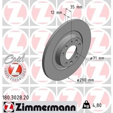 Kuva ZIMMERMANN COAT Z 180.3028.20 Jarrulevyt 290 12 7/5 5 108 täysi pinnoitettu PEUGEOT: 5008 II, 308 SW 2, 3008 II SUV, TOYOTA: Proace Van