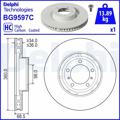 Kuva DELPHI Jarrulevy 360mm 36mm 5 Tuuletettu pinnoitettu hiiliteräs BG9597C 9J1615302A Jarrulevyt