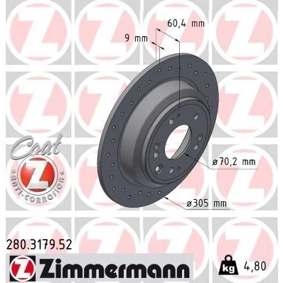 Kuva ZIMMERMANN Jarrulevy HONDA: ACCORD 8 Kombi, 9mm 10/5 5 aukko 114mm täysi, reijitetty pinnoitettu 280.3179.52 42510TK0G50,42510TL0G50