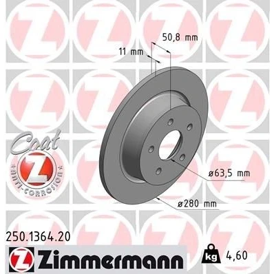 Kuva ZIMMERMANN COAT Z 250.1364.20 Jarrulevyt 280 11 5/5 5 108 täysi pinnoitettu FORD: KUGA 2, Transit Connect V408 Van, C Max 2