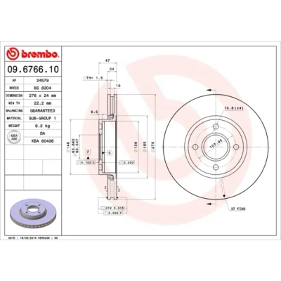 Kuva BREMBO 09.6766.10 Jarrulevyt 278 24 4 tuuletettu sisältä FORD: MONDEO 1, 2 Kombi, SCORPIO