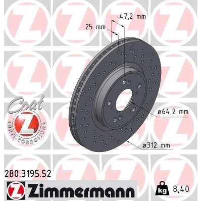 Kuva ZIMMERMANN 280.3195.52 Jarrulevyt 312 25 8/5 5 114 tuuletettu sisältä, reijitetty pinnoitettu