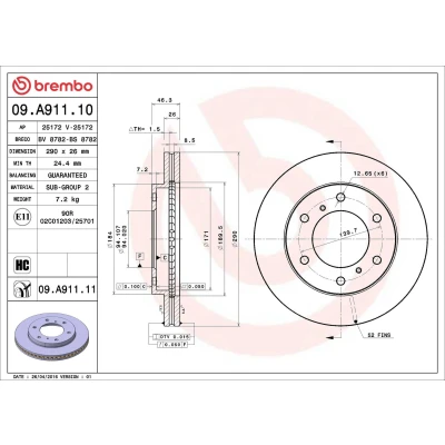 Kuva BREMBO COATED DISC LINE 09.A911.11 Jarrulevyt 290 26 6 tuuletettu sisältä pinnoitettu hiiliteräs MITSUBISHI: PAJERO 4
