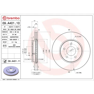 Kuva BREMBO COATED DISC LINE 09.A401.11 Jarrulevyt 303 26 5 tuuletettu sisältä pinnoitettu FORD: Maverick SUV