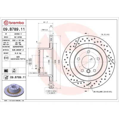 Kuva BREMBO Jarrulevy 330mm 22mm 5 tuuletettu sisältä 09.B789.11 Jarrulevyt
