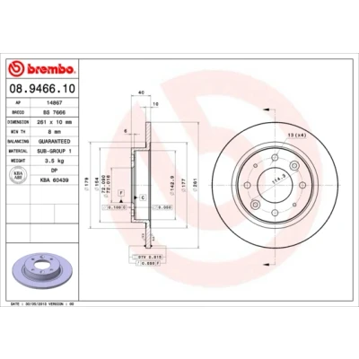Kuva BREMBO 08.9466.10 Jarrulevyt 261 10 4 täysi
