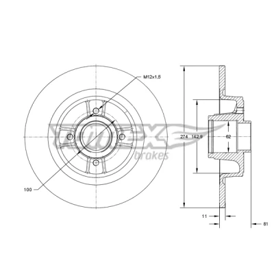 Kuva TOMEX brakes TX 70 801 Jarrulevyt Taka akseli 274 11 4 100 täysi ABS sensorirenkaalla, Pyöränlaakerilla RENAULT: Megane I Grandtour, Scénic 1