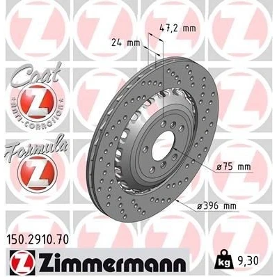 Kuva ZIMMERMANN FORMULA Z COAT 150.2910.70 Jarrulevyt 396 24 7/5 5 120 Tuuletettu, reijitetty, kaksiosainen jarrulevy pinnoitettu Seostettu / hiilletty