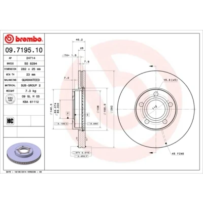 Kuva BREMBO 09.7195.10 Jarrulevyt 282 25 5 tuuletettu sisältä VOLKSWAGEN: Passat B5 Sedan, Variant