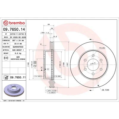 Kuva BREMBO COATED DISC LINE 09.7650.11 Jarrulevyt 287 24 6 tuuletettu sisältä pinnoitettu
