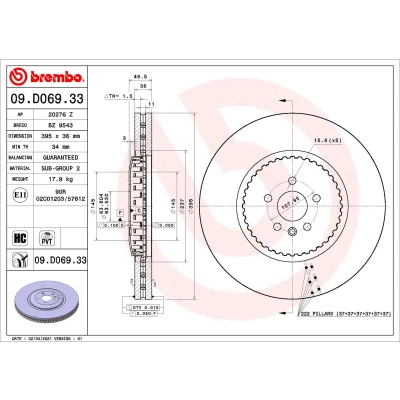 Kuva BREMBO 09.D069.33 Jarrulevyt 395 36 5 kaksiosainen jarrulevy, tuuletettu sisältä pinnoitettu hiiliteräs LAND ROVER: Range Rover Velar