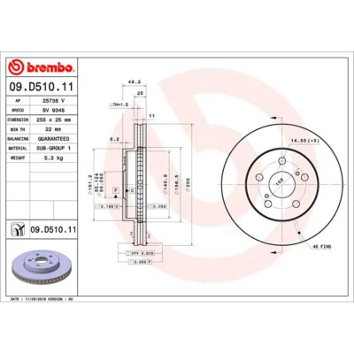 Kuva BREMBO 09.D510.11 Jarrulevyt 255 25 5 tuuletettu sisältä pinnoitettu TOYOTA: Prius IV Liftback
