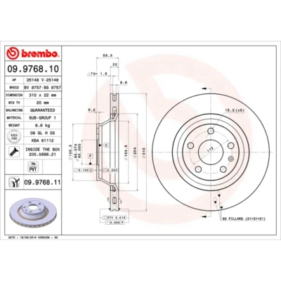 Kuva BREMBO COATED DISC LINE 09.9768.11 Jarrulevyt 310 22 5 tuuletettu sisältä pinnoitettu Ruuveilla AUDI: TT Coupe