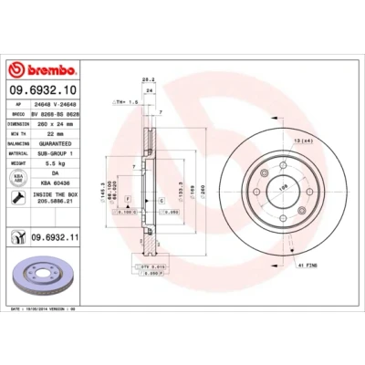 Kuva BREMBO COATED DISC LINE 09.6932.11 Jarrulevyt 260 24 4 tuuletettu sisältä pinnoitettu Ruuveilla PEUGEOT: 406 Sedan, Farmari