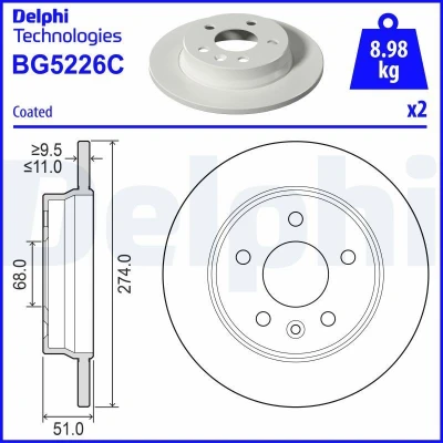 Kuva DELPHI Jarrulevy 11mm 5 täysi pinnoitettu käsittelemätön BG5226C 440A09225R Jarrulevyt