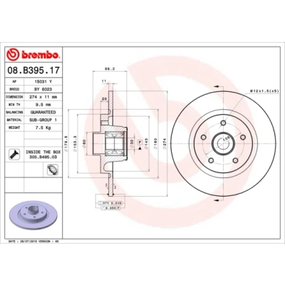 Kuva BREMBO BEARING DISC LINE 08.B395.17 Jarrulevyt 274 11 5 täysi Pyöränlaakersarjalla, ABS sensorirenkaalla RENAULT: Kangoo II Express