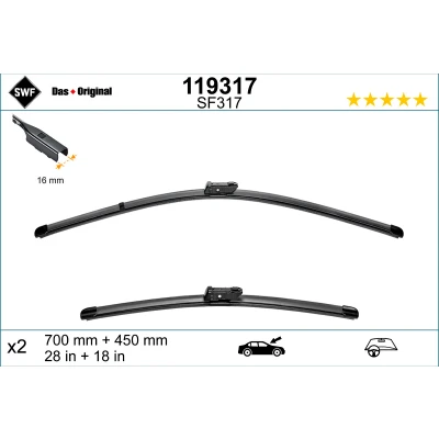 Kuva Pyyhkijänsulka Swf 119317 Edessä Flatblade pyyhinsulka (rungoton) VOLKSWAGEN: ID.4, ID.5, SKODA: Enyaq IV SUV, AUDI: Q4 SUV