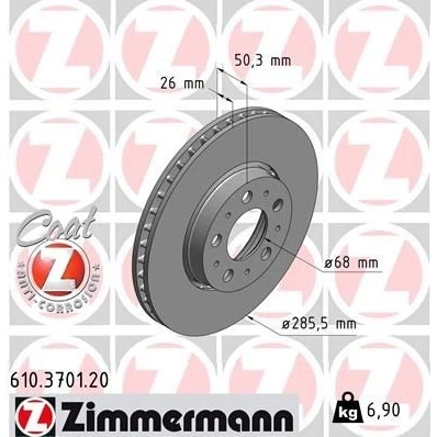 Kuva ZIMMERMANN COAT Z 610.3701.20 Jarrulevyt 286 26 10/5 5 108 Tuuletettu, ulko pinnoitettu VOLVO: V70 2, S60 I, XC70 I Cross Country