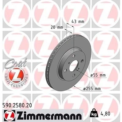 Kuva ZIMMERMANN COAT Z 590.2580.20 Jarrulevyt 255 20 6/4 4 100 tuuletettu sisältä pinnoitettu hiiliteräs TOYOTA: Yaris I Hatchback, Verso