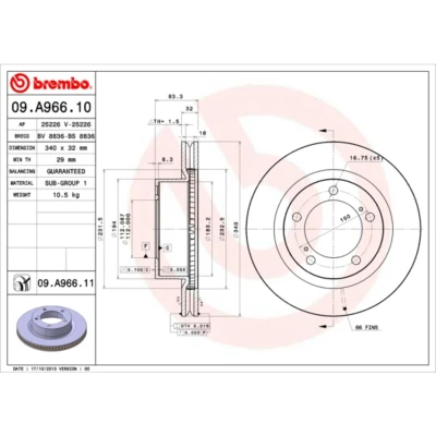 Kuva BREMBO COATED DISC LINE 09.A966.11 Jarrulevyt 340 32 5 tuuletettu sisältä pinnoitettu TOYOTA: Land Cruiser 200