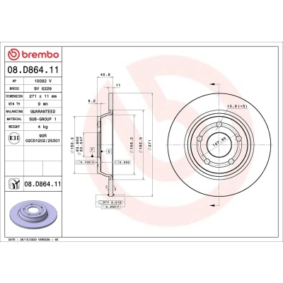 Kuva BREMBO 08.D864.11 Jarrulevyt 271 11 5 täysi pinnoitettu FORD: Focus Mk4 Hatchback, Turnier