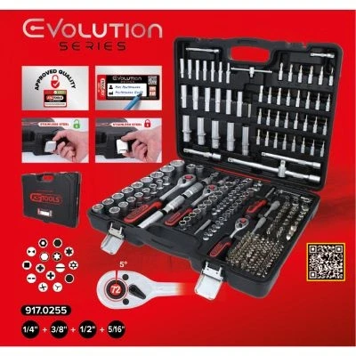 Kuva KS TOOLS 917.0255 Hylsyavainsarja Kuusikulma Kromi vanadium teräs Räikkätoiminnolla neliönmuotoinen (square)