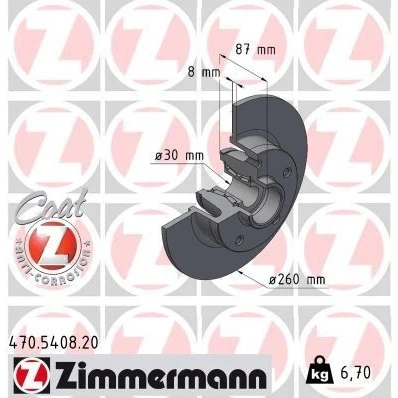 Kuva ZIMMERMANN Jarrulevy RENAULT: Megane 4, 4 260mm 8mm 5/5 5 aukko 114mm täysi pinnoitettu 470.5408.20 432000185R,432006609R,432027412R Jarrulevyt