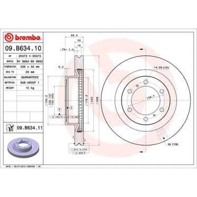 Kuva BREMBO COATED DISC LINE 09.B634.11 Jarrulevyt 338 32 6 tuuletettu sisältä pinnoitettu TOYOTA: Land Cruiser Prado 150