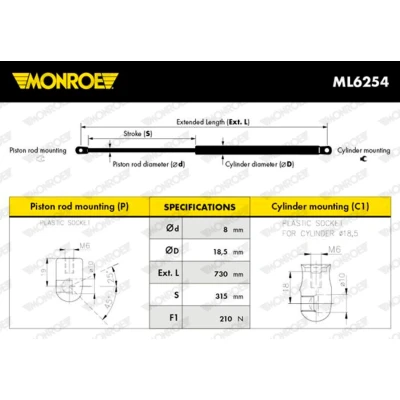 Kuva MONROE ML6254 Konepellin Kaasujousi 210 VOLVO: V40 Hatchback