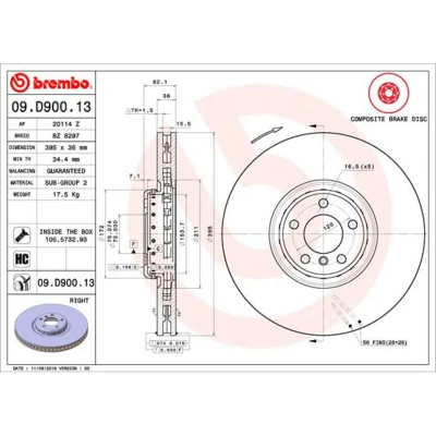 Kuva BREMBO 09.D900.13 Jarrulevyt 395 36 5 tuuletettu sisältä, kaksiosainen jarrulevy pinnoitettu hiiliteräs Ruuveilla BMW: X5, X6