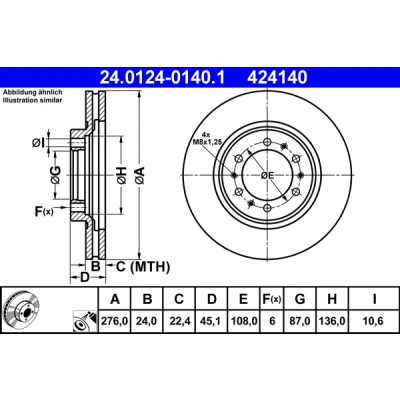 Kuva ATE 24.0124 0140.1 Jarrulevyt 276,0 24,0 6 108,0 Tuuletettu pinnoitettu MITSUBISHI: Pajero 2, 3, Sport 1 SUV
