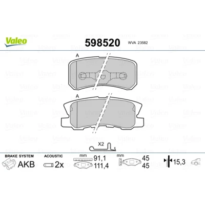 Kuva VALEO 598520 Jarrupalat Taka akseli Sis. kulumisenilmaisimen ilman huudonvaimennuspeltiä MITSUBISHI: Outlander 2 SUV, PAJERO 2, ASX JEEP: Compass