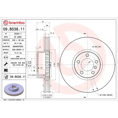 Kuva BREMBO COATED DISC LINE 09.B538.11 Jarrulevyt 348 36 5 tuuletettu sisältä pinnoitettu hiiliteräs Ruuveilla BMW: 7