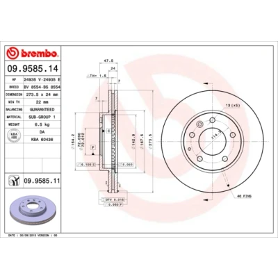 Kuva BREMBO COATED DISC LINE 09.9585.11 Jarrulevyt 274 24 5 tuuletettu sisältä pinnoitettu MAZDA: 6 Farmari, Sedan, Hatchback