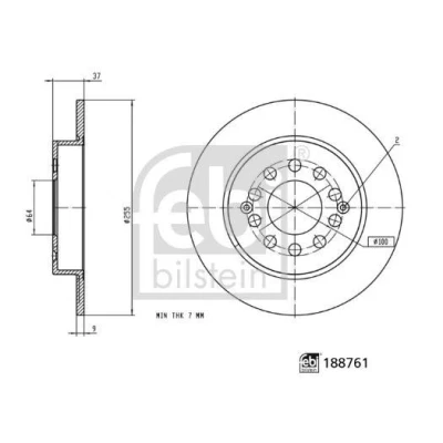 Kuva FEBI BILSTEIN Jarrulevy Taka akseli 255mm 9mm 5 aukko 100mm täysi pinnoitettu 188761 10266049 Jarrulevyt