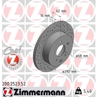 Kuva ZIMMERMANN SPORT COAT Z 200.2523.52 Jarrulevyt 292 16 6/5 5 114 tuuletettu sisältä, reijitetty pinnoitettu NISSAN: Qashqai / Qashqai+2 I, X Trail