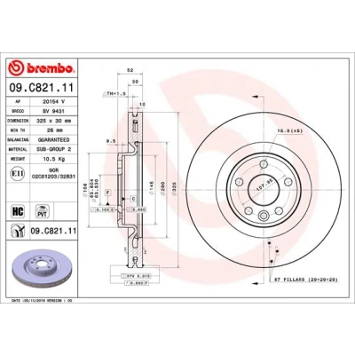 Kuva BREMBO 09.C821.11 Jarrulevyt 325 30 5 tuuletettu sisältä pinnoitettu hiiliteräs