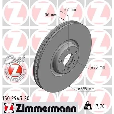 Kuva ZIMMERMANN COAT Z 150.2947.20 Jarrulevyt 395 36 6/5 5 120 tuuletettu sisältä pinnoitettu hiiliteräs BMW: X5, X6