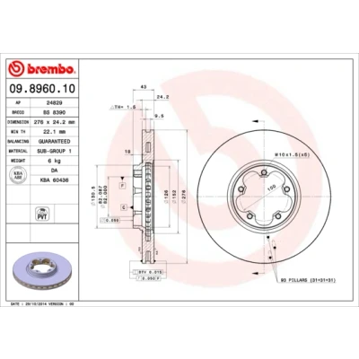 Kuva BREMBO 09.8960.10 Jarrulevyt 276 24,3 5 tuuletettu sisältä FORD: Transit Mk5 Flatbed Kuorma auto/Alusta, Van, Bussi