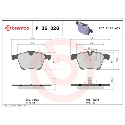 Kuva BREMBO P 36 028 Jarrupalat Kulumisenilmaisemelle Huudonvaimennuspellillä, Männän lukoilla Ilman tarvikkeita JAGUAR: XJ Sedan, XF Sportbrake