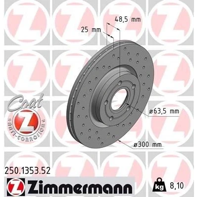 Kuva ZIMMERMANN SPORT COAT Z 250.1353.52 Jarrulevyt 300 25 5/5 5 108 tuuletettu sisältä, reijitetty pinnoitettu FORD: Focus 2 Kombi,