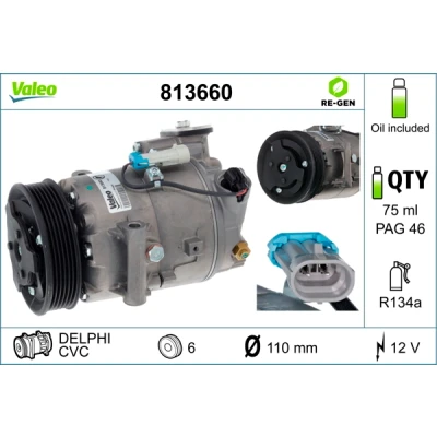 Kuva VALEO REMANUFACTURED 813660 Ilmastoinnin Kompressori CVC 12 PAG 46 R 134a kompressoriöljyllä OPEL: Astra J Sports Tourer, GTC