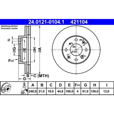 Kuva ATE 24.0121 0104.1 Jarrulevyt 240,0 21,0 4 100,0 Tuuletettu pinnoitettu Ruuveilla HONDA: Civic 6 Stufenheck, 5 Coupe, V Hatchback