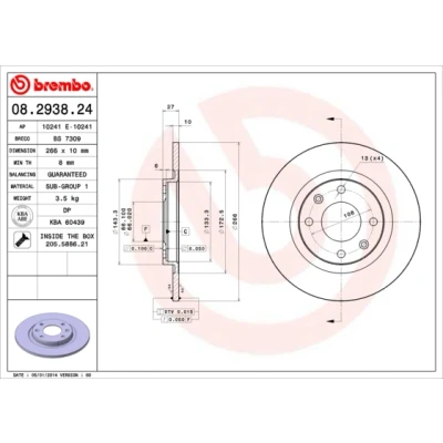 Kuva BREMBO 08.2938.24 Jarrulevyt 266 10 4 täysi Ruuveilla PEUGEOT: 405 II Sedan